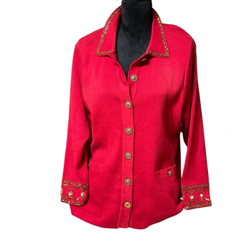 Carol Patterson Knits Women’s Embellished Linen Blend Red. Vintage Cardigan. MED